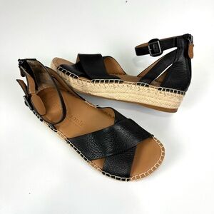Gentle Souls by Kenneth Cole Leon Espadrille Wedge Sandals Black Leather Sz 6.5